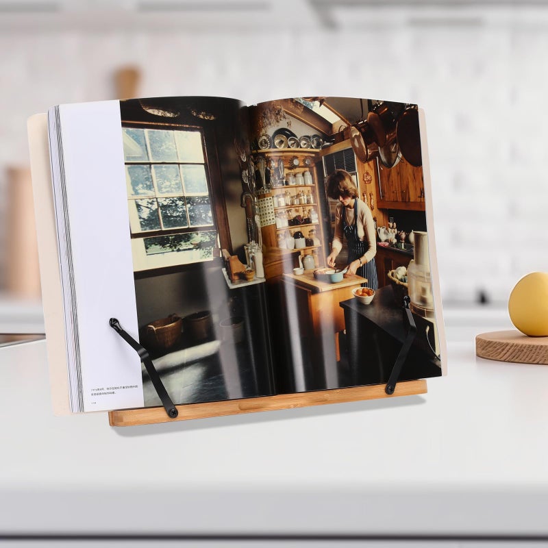 MEGREZ Bamboo Book Stand 11 x 8.0 inch, Foldable Cookbook Holder with 6 Adjustable Height, Reading Book Holder for Recipe, Music Book, Textbook, Tablet Stand, The Language of Lotus - Image 5